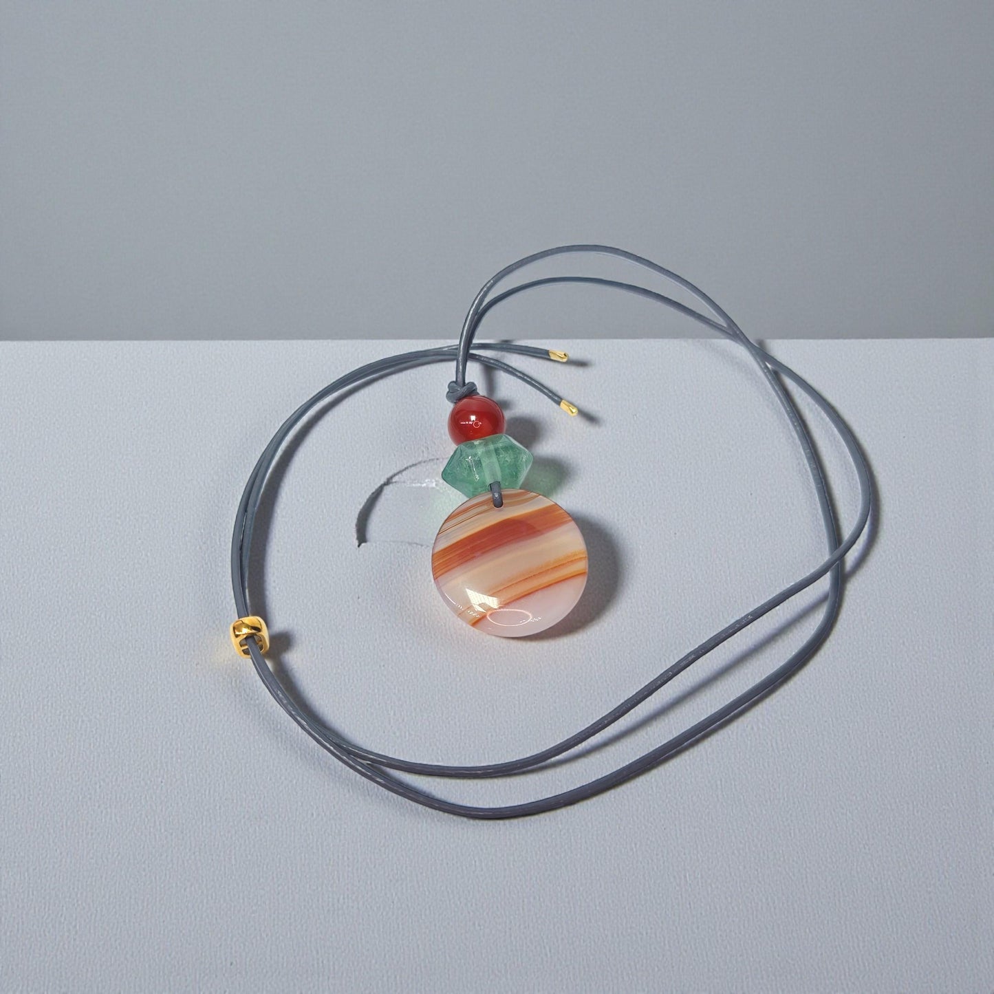 Striped Agate Necklace, Red Carnelian Chunky Geometric Pendant, Fluorite Birthstone Crystal Jewelry, Adjustable Leather Cord