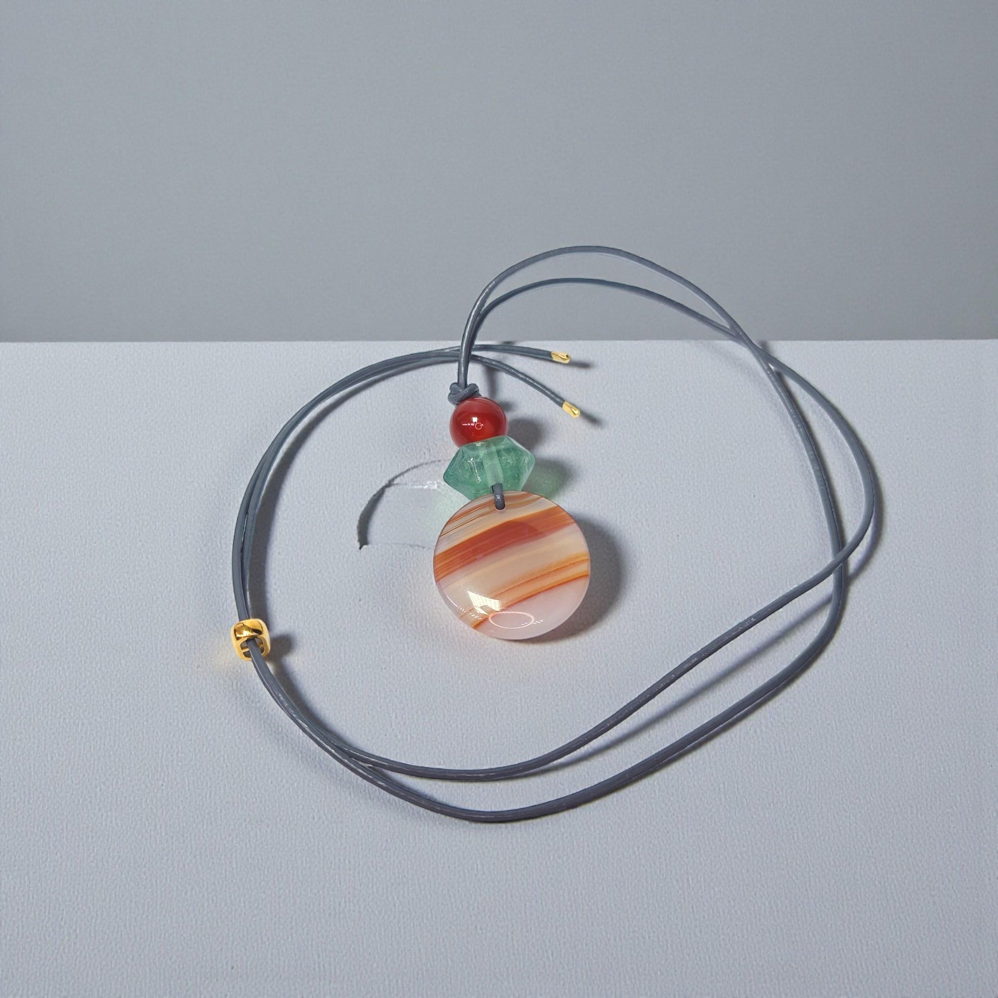 Striped Agate Necklace, Red Carnelian Chunky Geometric Pendant, Fluorite Birthstone Crystal Jewelry, Adjustable Leather Cord