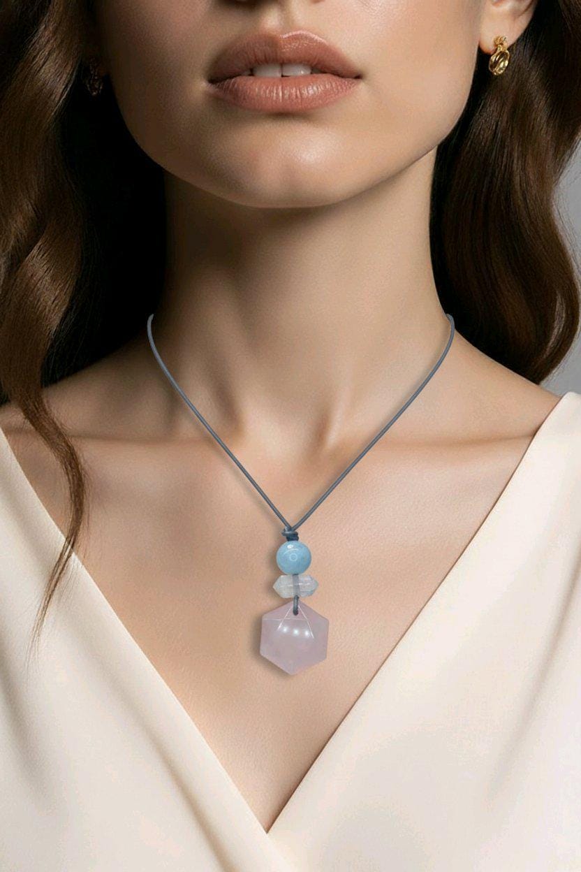 Rose Quartz Hexagon Necklace, Clear Quartz Chunky Geometric Pendant, Aquamarine Birthstone Jewelry for Women, Adjustable Leather Cord