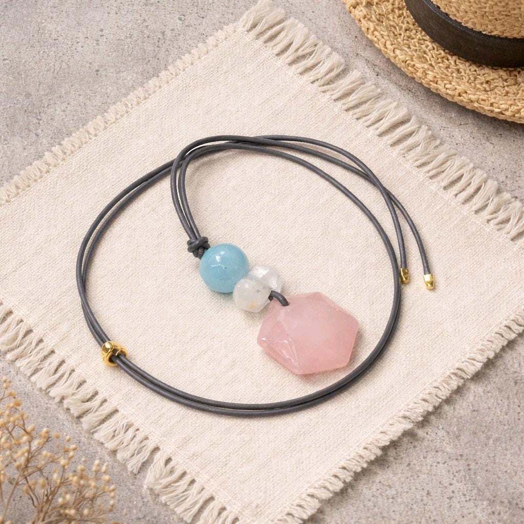 Rose Quartz Hexagon Necklace, Clear Quartz Chunky Geometric Pendant, Aquamarine Birthstone Jewelry for Women, Adjustable Leather Cord