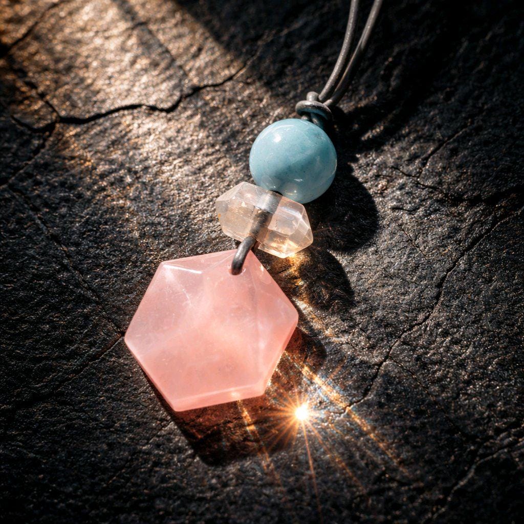 Rose Quartz Hexagon Necklace, Clear Quartz Chunky Geometric Pendant, Aquamarine Birthstone Jewelry for Women, Adjustable Leather Cord