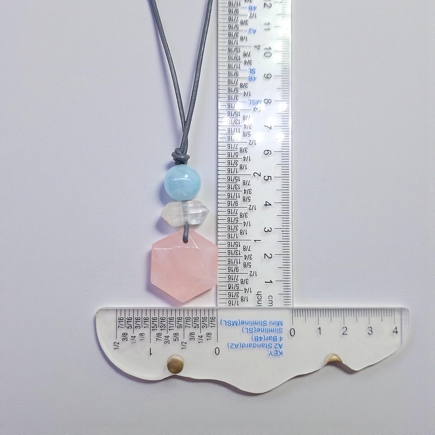 Rose Quartz Hexagon Necklace, Clear Quartz Chunky Geometric Pendant, Aquamarine Birthstone Jewelry for Women, Adjustable Leather Cord