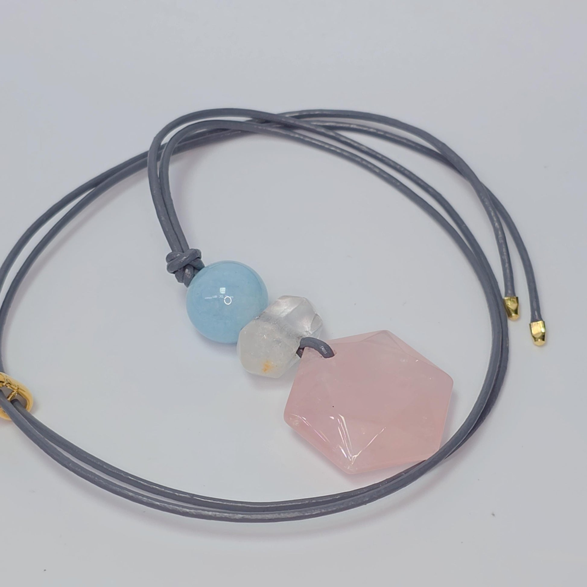 Rose Quartz Hexagon Necklace, Clear Quartz Chunky Geometric Pendant, Aquamarine Birthstone Jewelry for Women, Adjustable Leather Cord