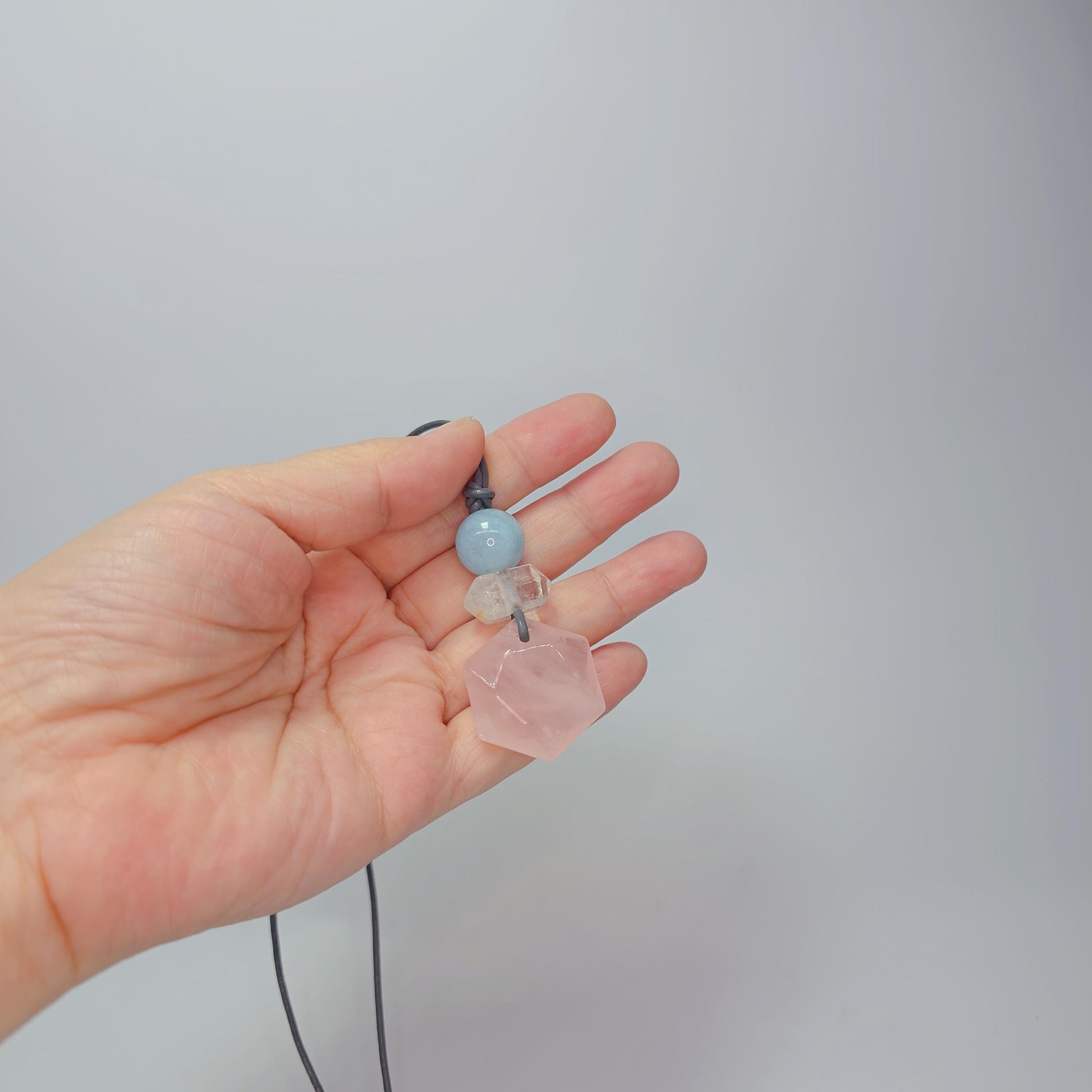 Rose Quartz Hexagon Necklace, Clear Quartz Chunky Geometric Pendant, Aquamarine Birthstone Jewelry for Women, Adjustable Leather Cord