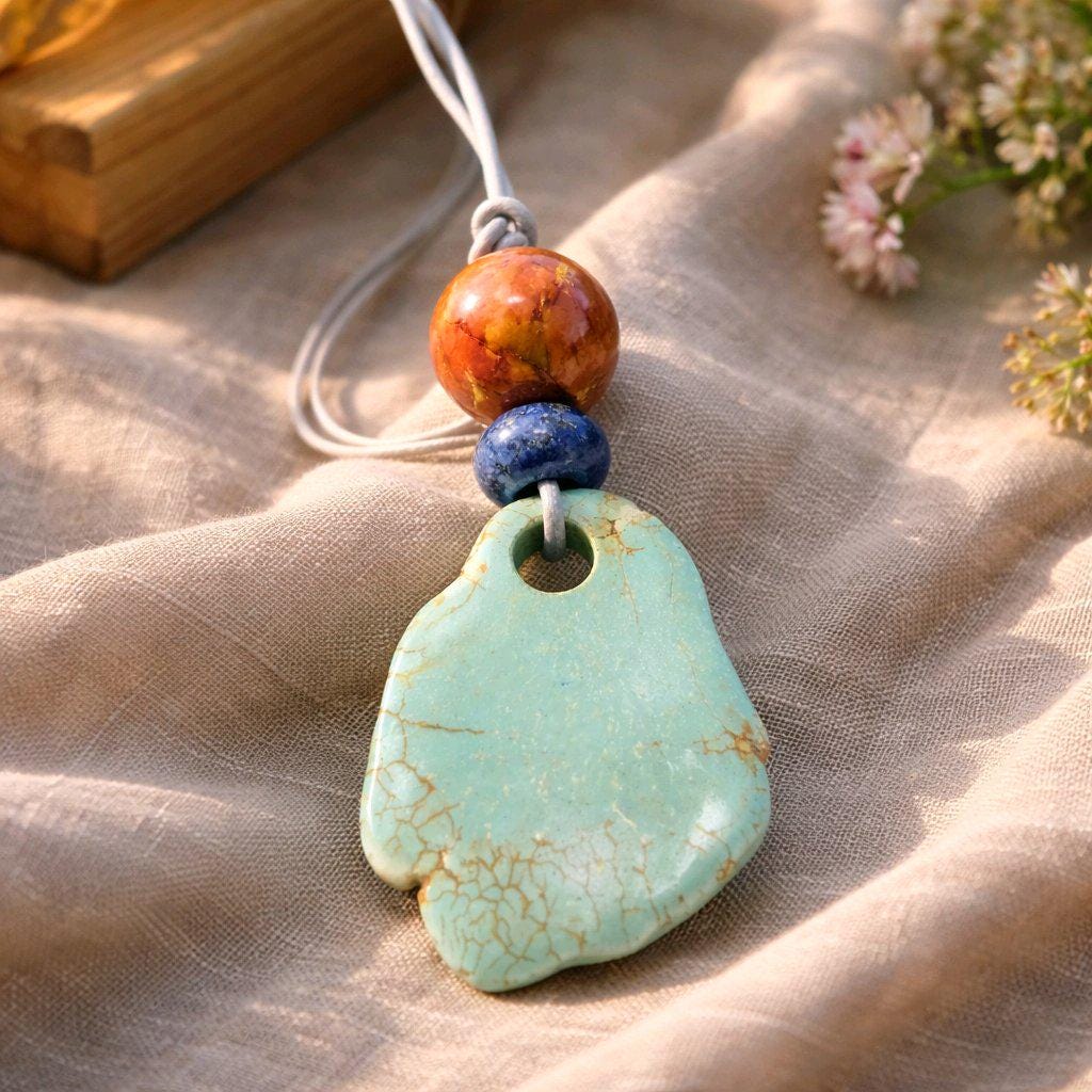 Chunky Turquoise Necklace, Geometric Lapis & Red Jasper Pendant, Zen Boho Gemstone Statement Jewelry, Adjustable Leather Cord Gift #2581