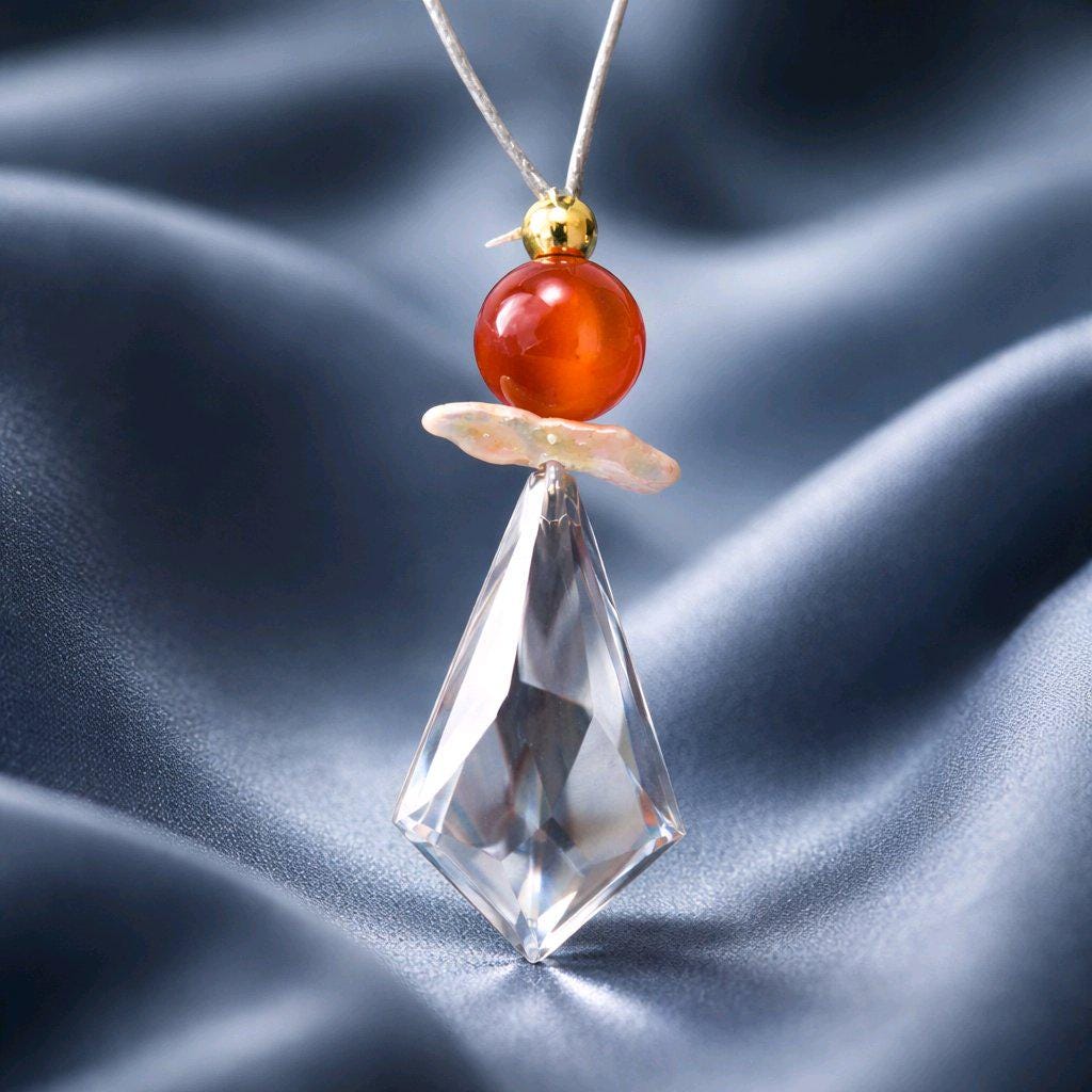 Chunky Clear Quartz Necklace, Geometric Red Carnelian & Baroque Pearl Pendant, Zen Healer Jewelry, Adjustable Leather Cord #2580