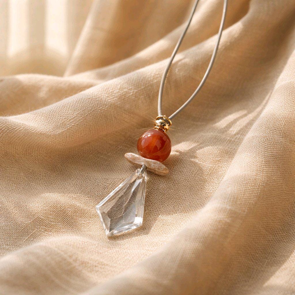 Chunky Clear Quartz Necklace, Geometric Red Carnelian & Baroque Pearl Pendant, Zen Healer Jewelry, Adjustable Leather Cord #2580