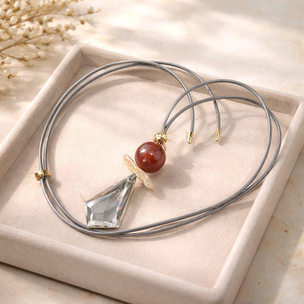 Chunky Clear Quartz Necklace, Geometric Red Carnelian & Baroque Pearl Pendant, Zen Healer Jewelry, Adjustable Leather Cord #2580