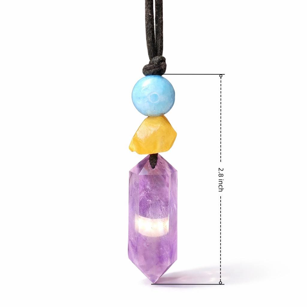 Chunky Amethyst Crystal Necklace, Geometric Aquamarine & Citrine Quartz Pendant, Zen Healing Stone Statement Jewelry #2579