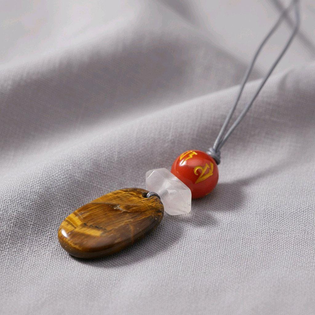 Chunky Tiger's Eye Necklace, Geometric Mantra Carnelian & Quartz Pendant, Zen Spiritual Protection Jewelry, adjustable leather cord #2578