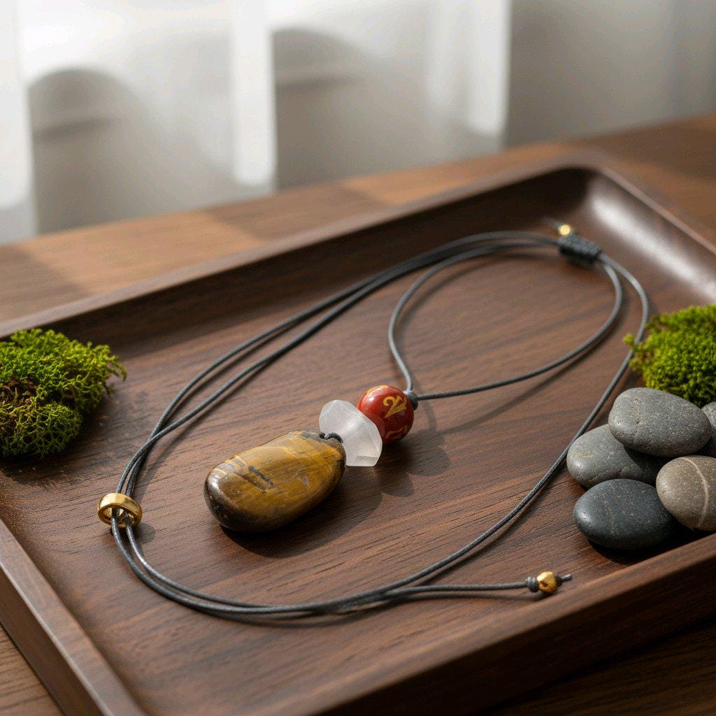 Chunky Tiger's Eye Necklace, Geometric Mantra Carnelian & Quartz Pendant, Zen Spiritual Protection Jewelry, adjustable leather cord #2578