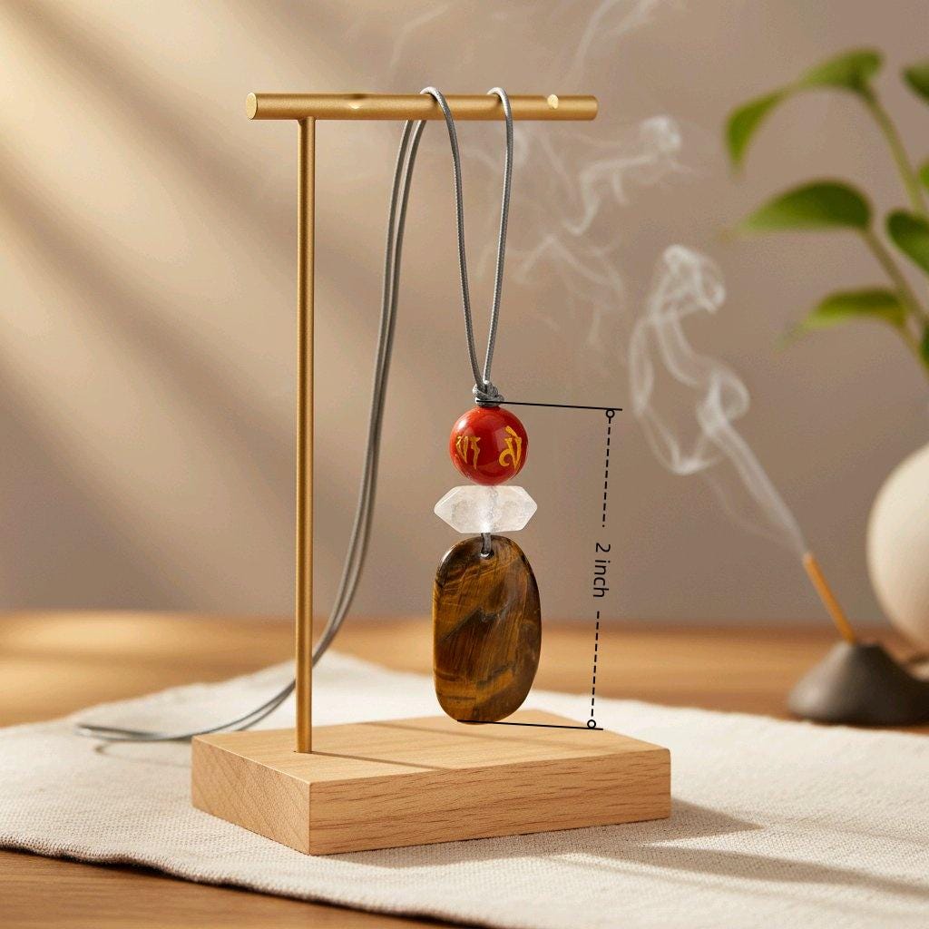 Chunky Tiger's Eye Necklace, Geometric Mantra Carnelian & Quartz Pendant, Zen Spiritual Protection Jewelry, adjustable leather cord #2578