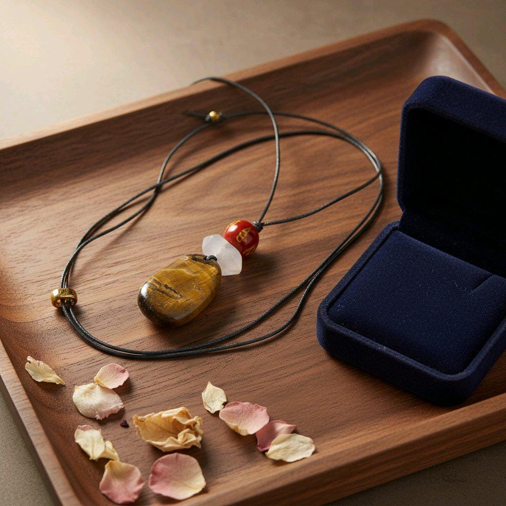 Chunky Tiger's Eye Necklace, Geometric Mantra Carnelian & Quartz Pendant, Zen Spiritual Protection Jewelry, adjustable leather cord #2578