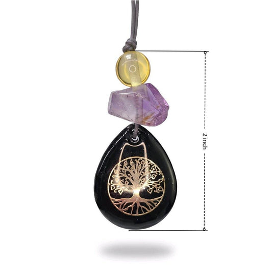 Chunky Black Agate Necklace, Geometric Tree of Life Amethyst Pendant, Zen Spiritual Protection Jewelry, adjustable leather cord 24 in" #2577