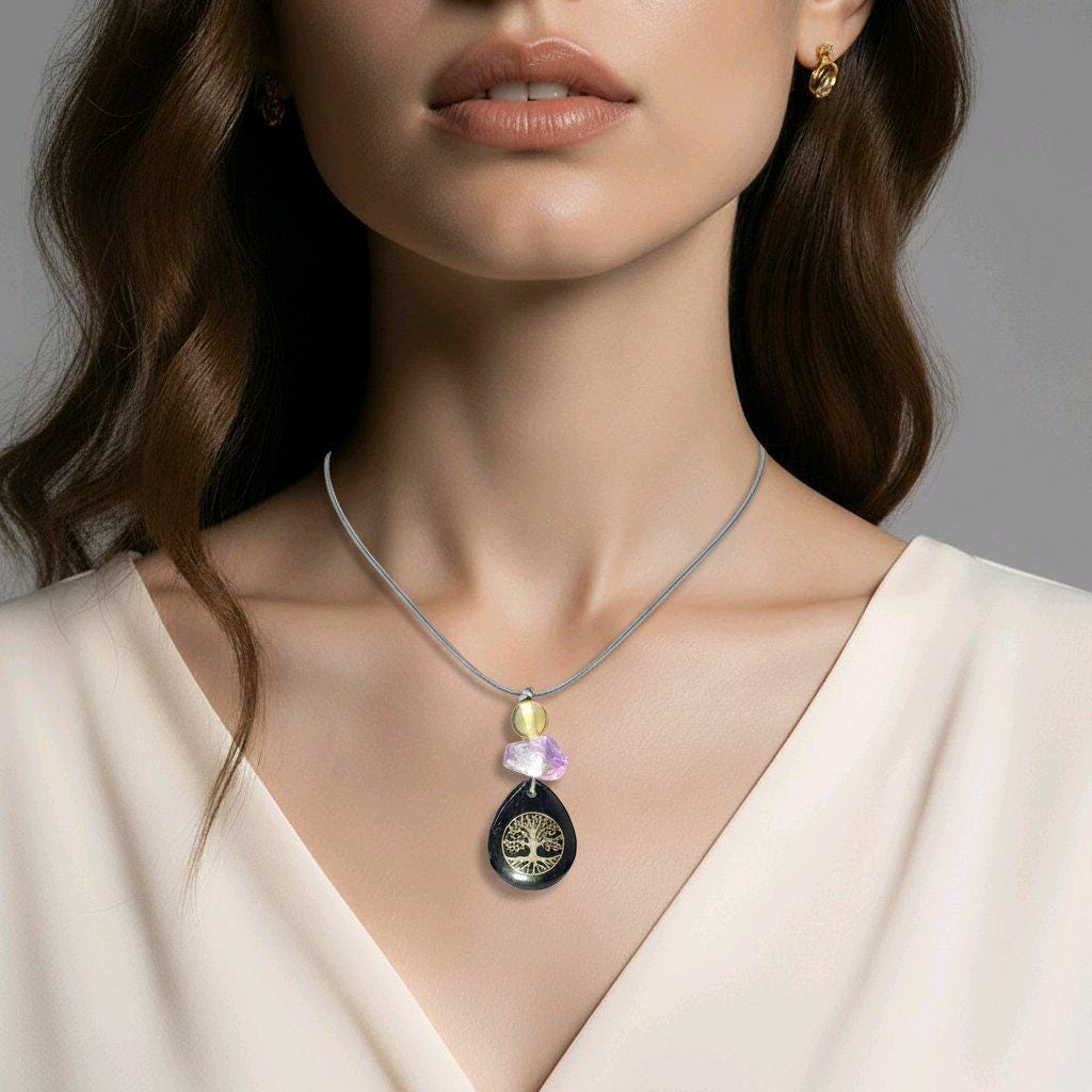 Chunky Black Agate Necklace, Geometric Tree of Life Amethyst Pendant, Zen Spiritual Protection Jewelry, adjustable leather cord 24 in" #2577