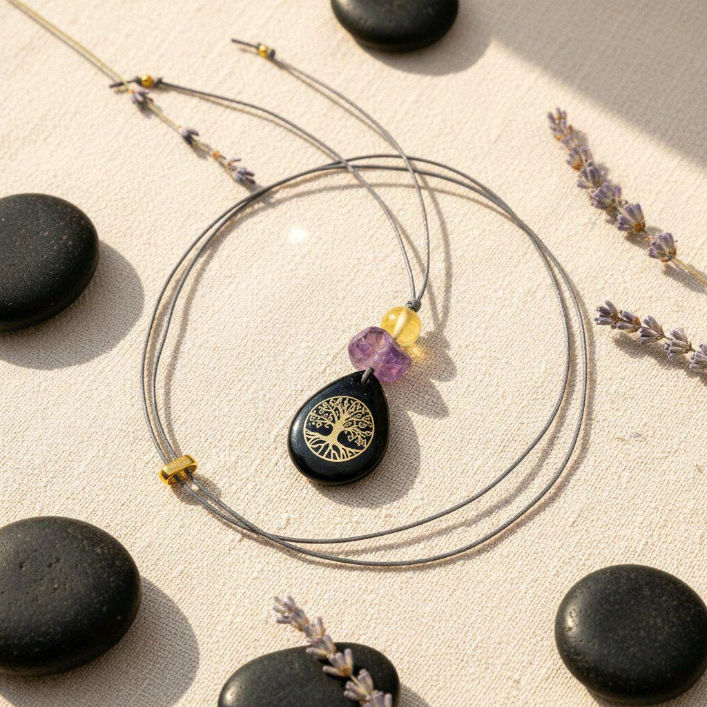 Chunky Black Agate Necklace, Geometric Tree of Life Amethyst Pendant, Zen Spiritual Protection Jewelry, adjustable leather cord 24 in" #2577
