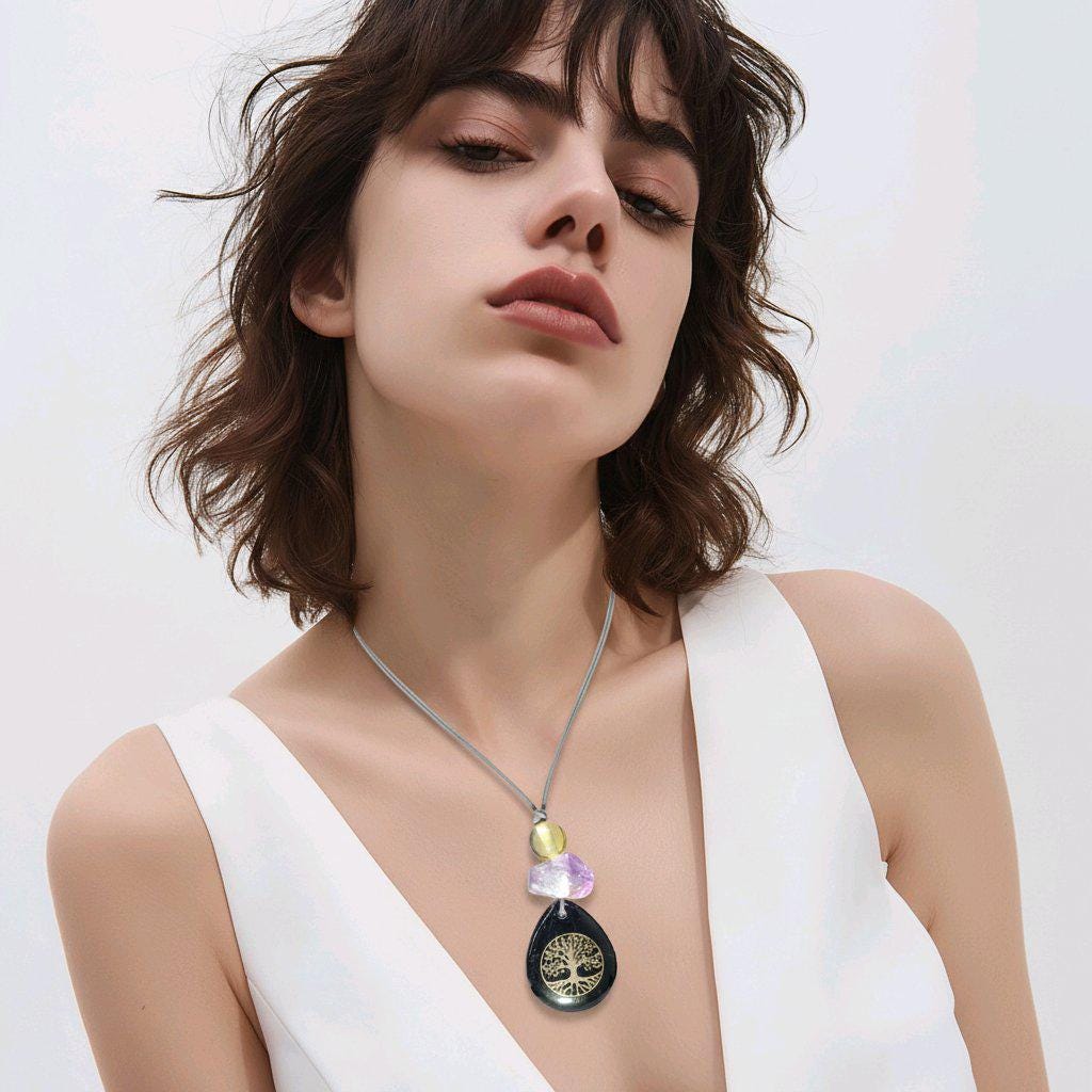 Chunky Black Agate Necklace, Geometric Tree of Life Amethyst Pendant, Zen Spiritual Protection Jewelry, adjustable leather cord 24 in" #2577