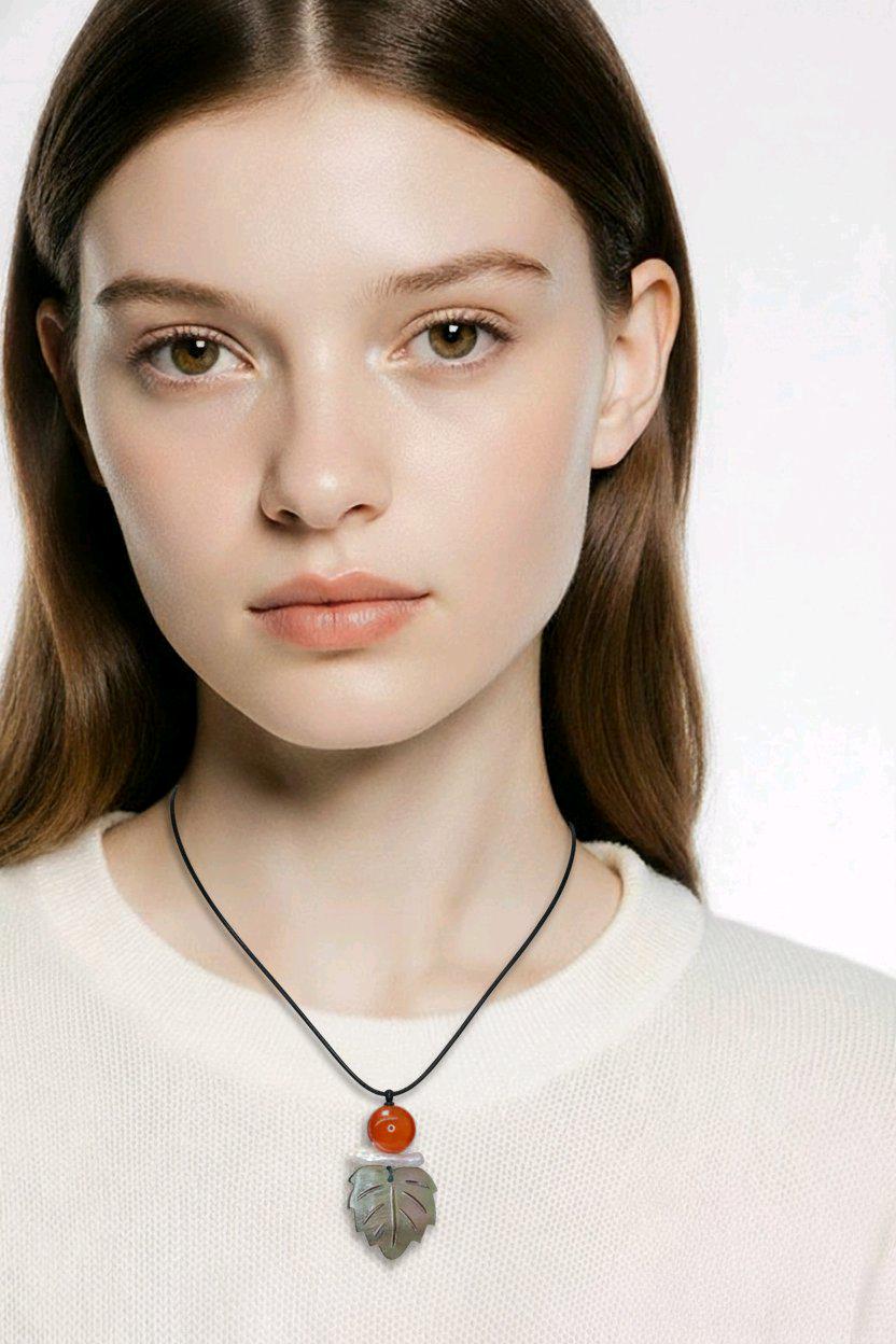 Red Carnelian Pearl Shell Leaf Necklace, Chunky Geometric Statement Jewelry, July Birthstone Gift for Her, Adjustable Leather Cord