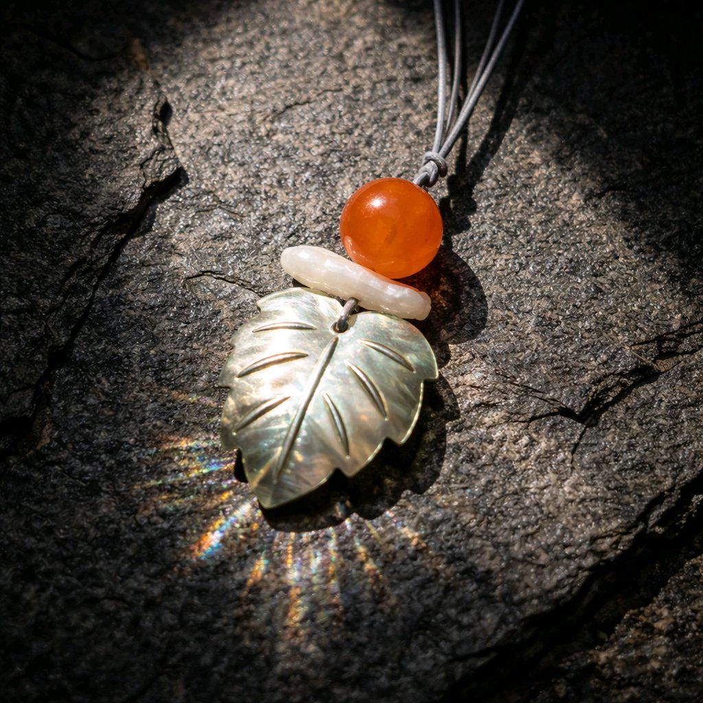 Red Carnelian Pearl Shell Leaf Necklace, Chunky Geometric Statement Jewelry, July Birthstone Gift for Her, Adjustable Leather Cord