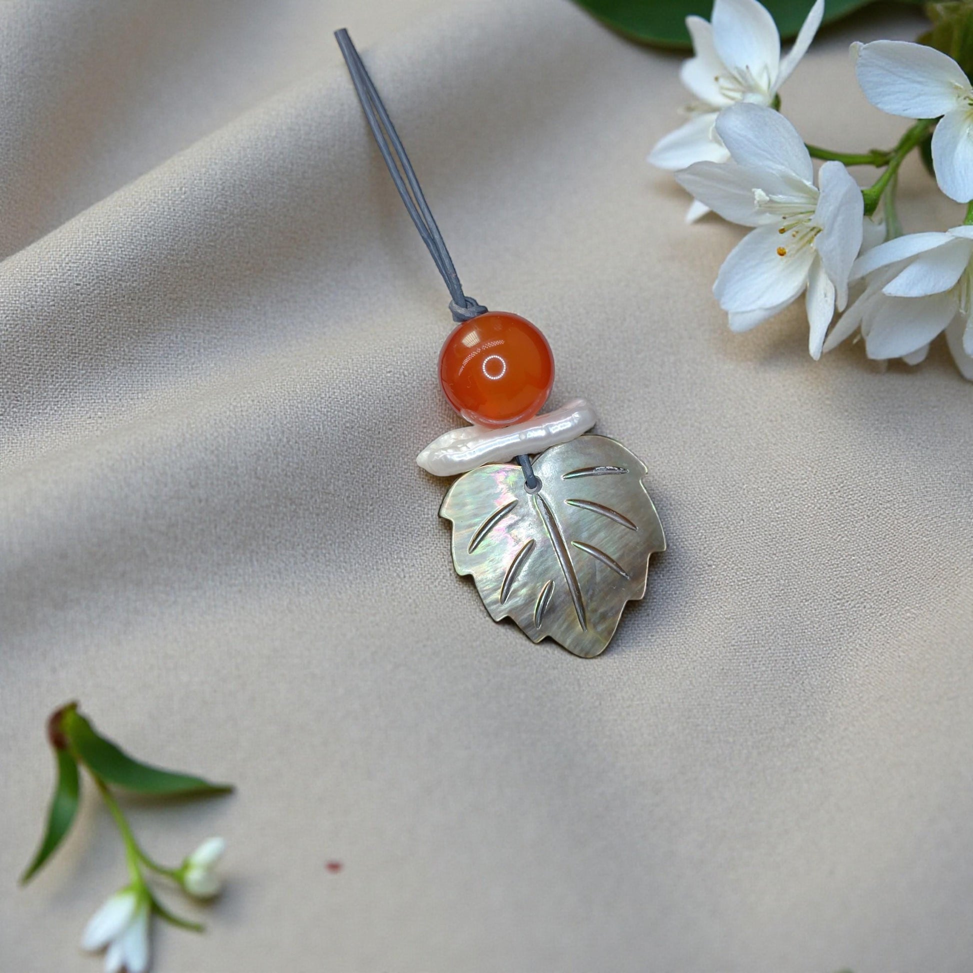 Red Carnelian Pearl Shell Leaf Necklace, Chunky Geometric Statement Jewelry, July Birthstone Gift for Her, Adjustable Leather Cord
