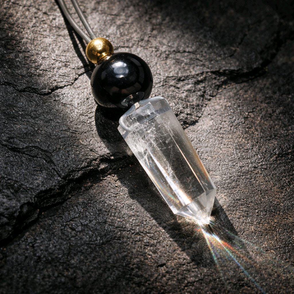 Clear Quartz Point Necklace, Chunky Geometric Black Onyx Jewelry, April Birthstone Gift for Him Her, Adjustable Leather Cord