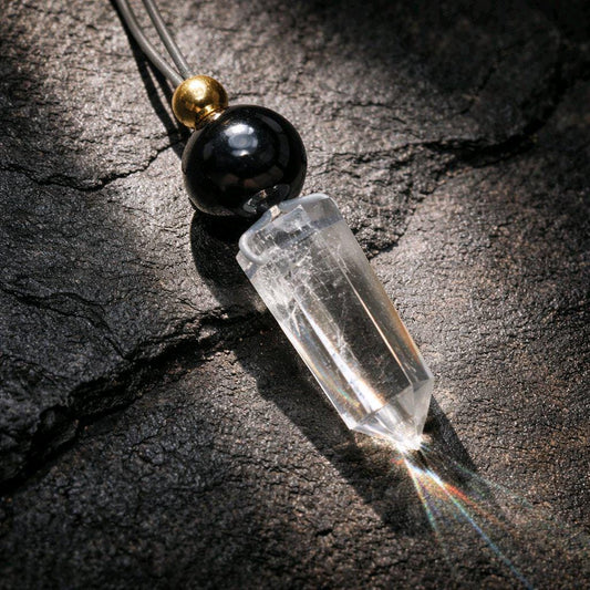 Clear Quartz Point Necklace, Chunky Geometric Black Onyx Jewelry, April Birthstone Gift for Him Her, Adjustable Leather Cord