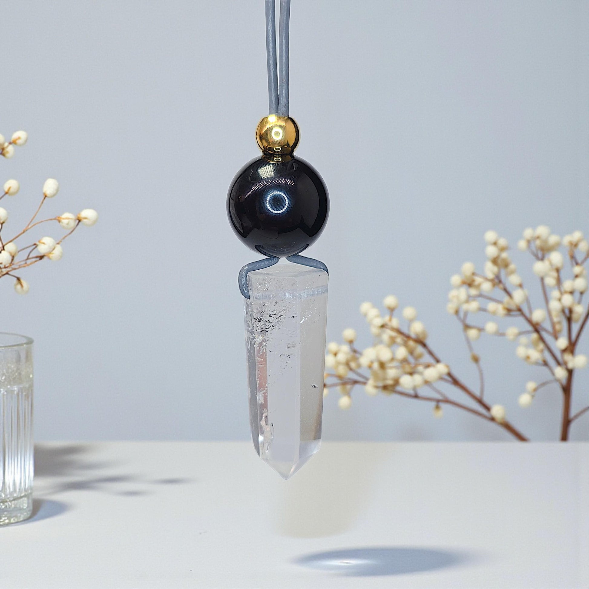 Clear Quartz Point Necklace, Chunky Geometric Black Onyx Jewelry, April Birthstone Gift for Him Her, Adjustable Leather Cord