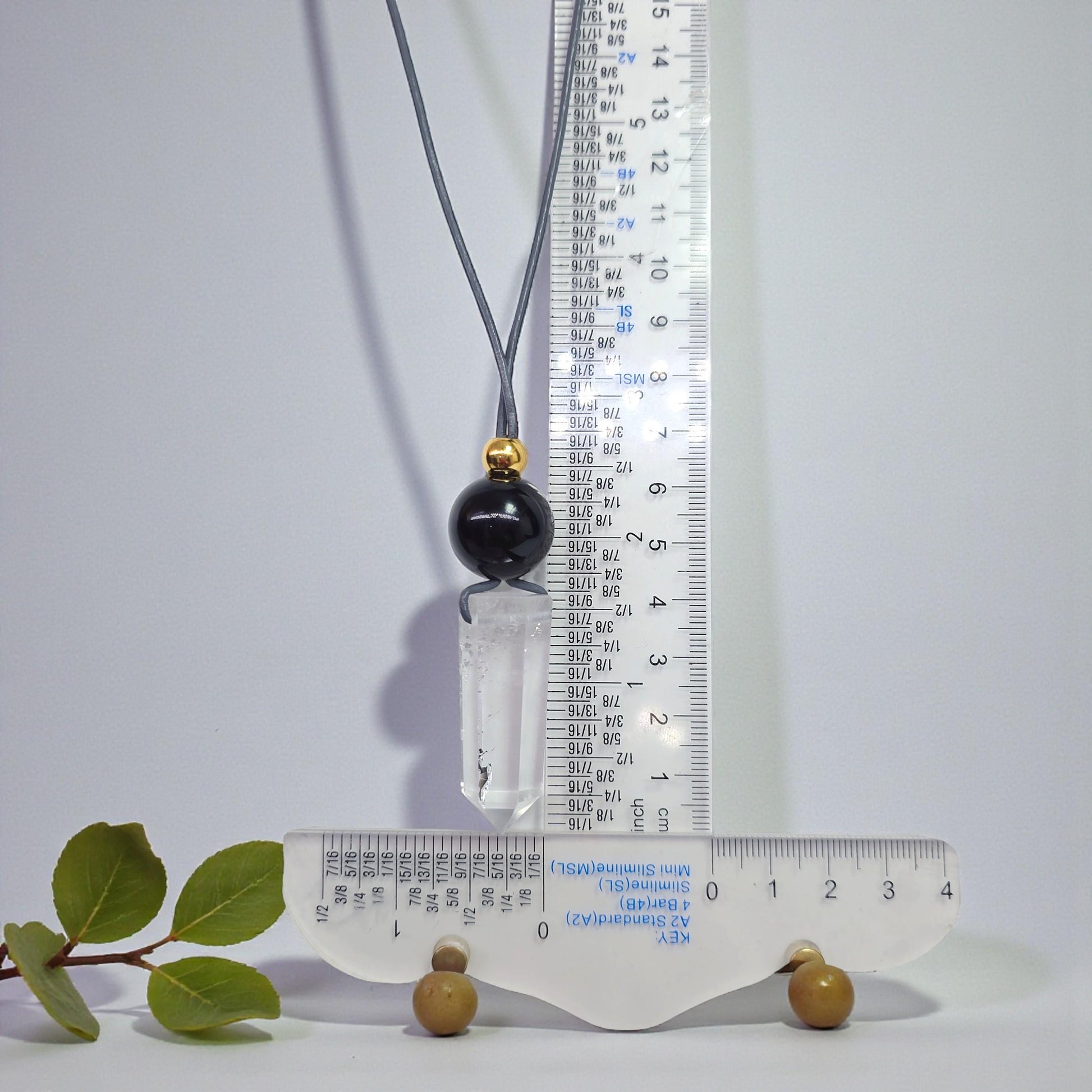 Clear Quartz Point Necklace, Chunky Geometric Black Onyx Jewelry, April Birthstone Gift for Him Her, Adjustable Leather Cord