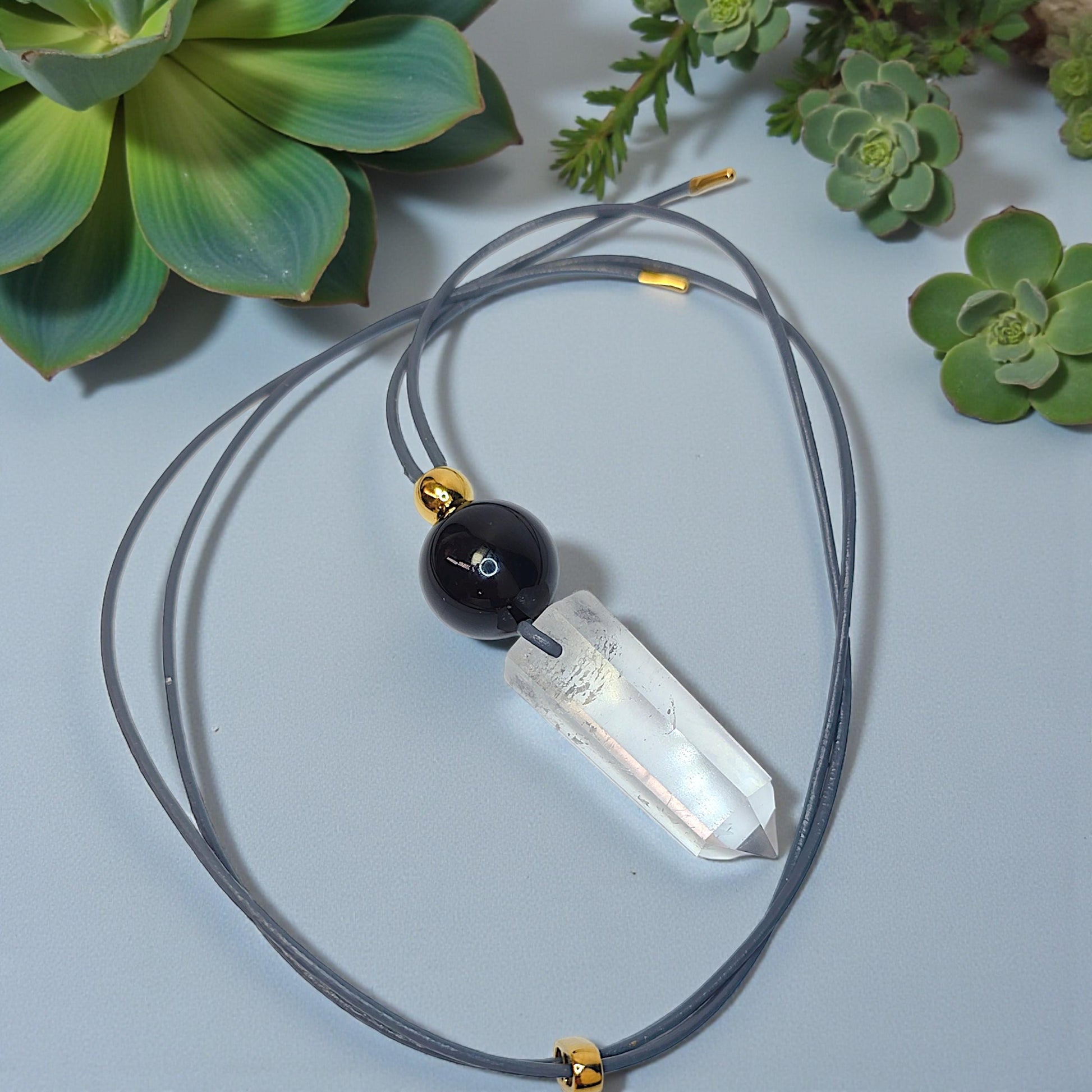 Clear Quartz Point Necklace, Chunky Geometric Black Onyx Jewelry, April Birthstone Gift for Him Her, Adjustable Leather Cord