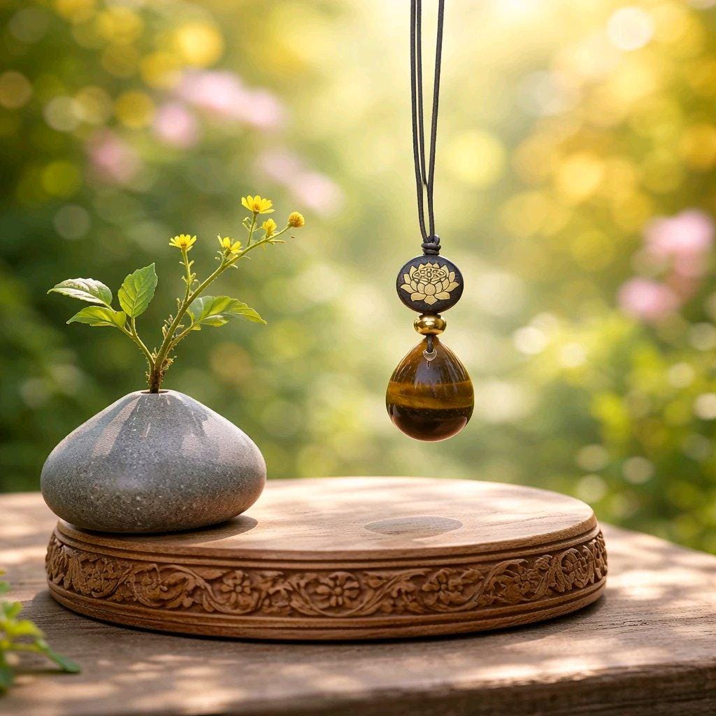 Natural Tigers Eye Necklace, Chunky Geometric 18k Lotus Flower Jewelry, November Birthstone Zen Gift, Adjustable Leather Cord