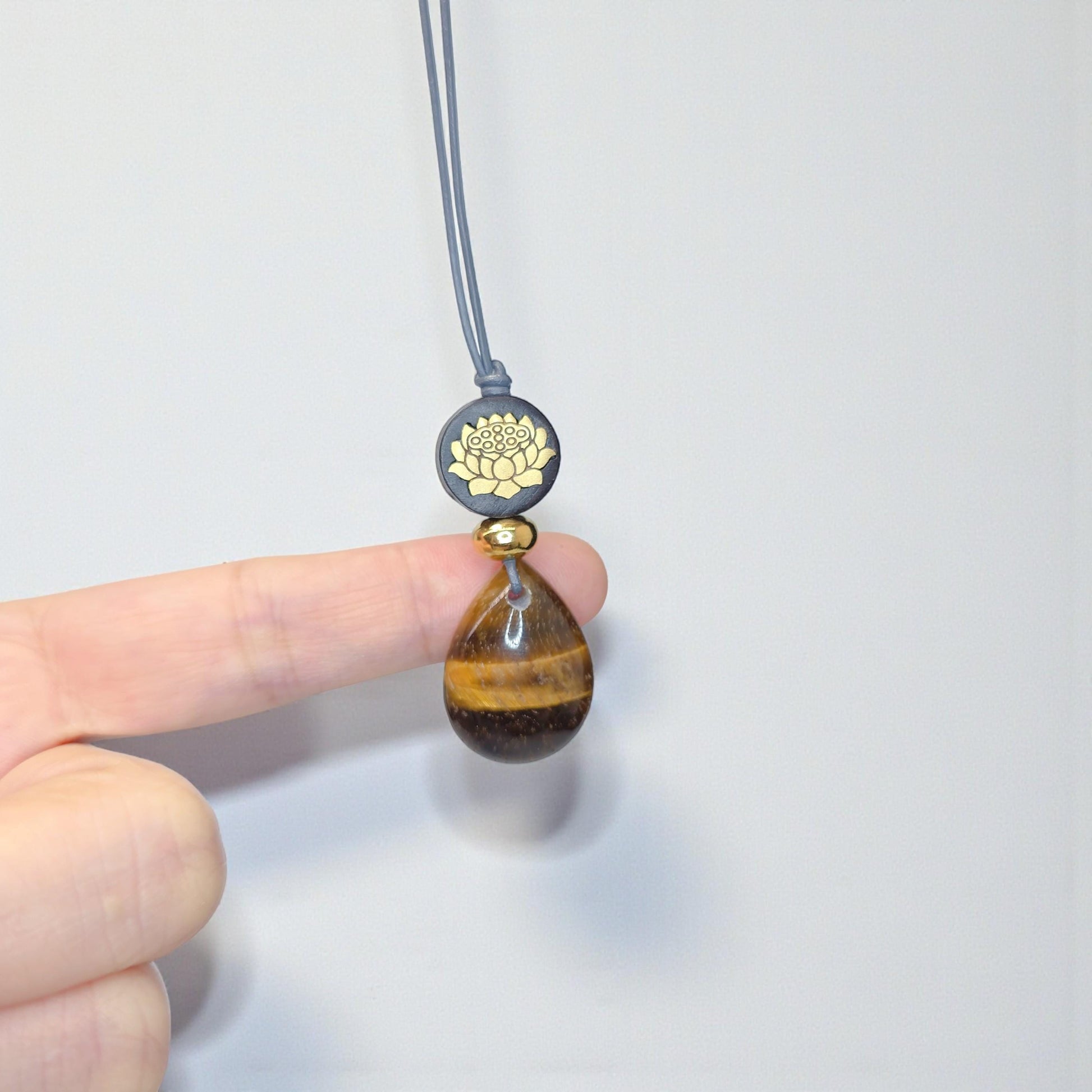 Natural Tigers Eye Necklace, Chunky Geometric 18k Lotus Flower Jewelry, November Birthstone Zen Gift, Adjustable Leather Cord