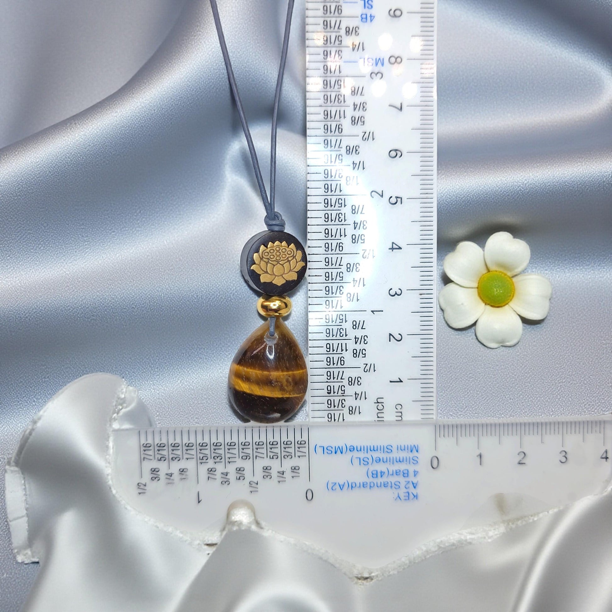 Natural Tigers Eye Necklace, Chunky Geometric 18k Lotus Flower Jewelry, November Birthstone Zen Gift, Adjustable Leather Cord