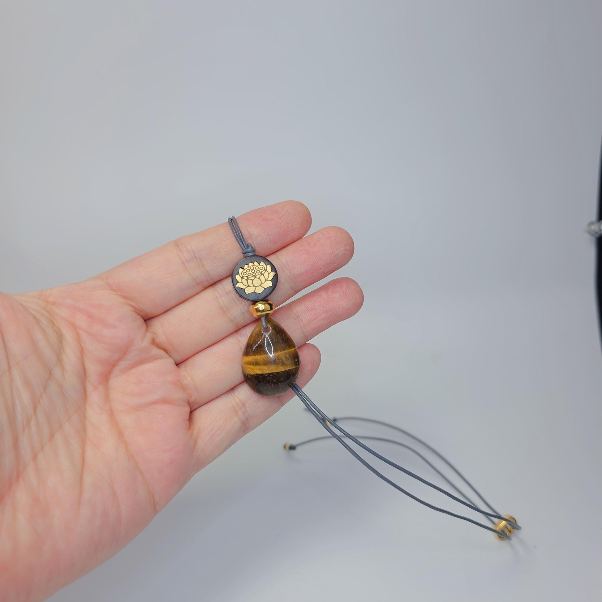 Natural Tigers Eye Necklace, Chunky Geometric 18k Lotus Flower Jewelry, November Birthstone Zen Gift, Adjustable Leather Cord