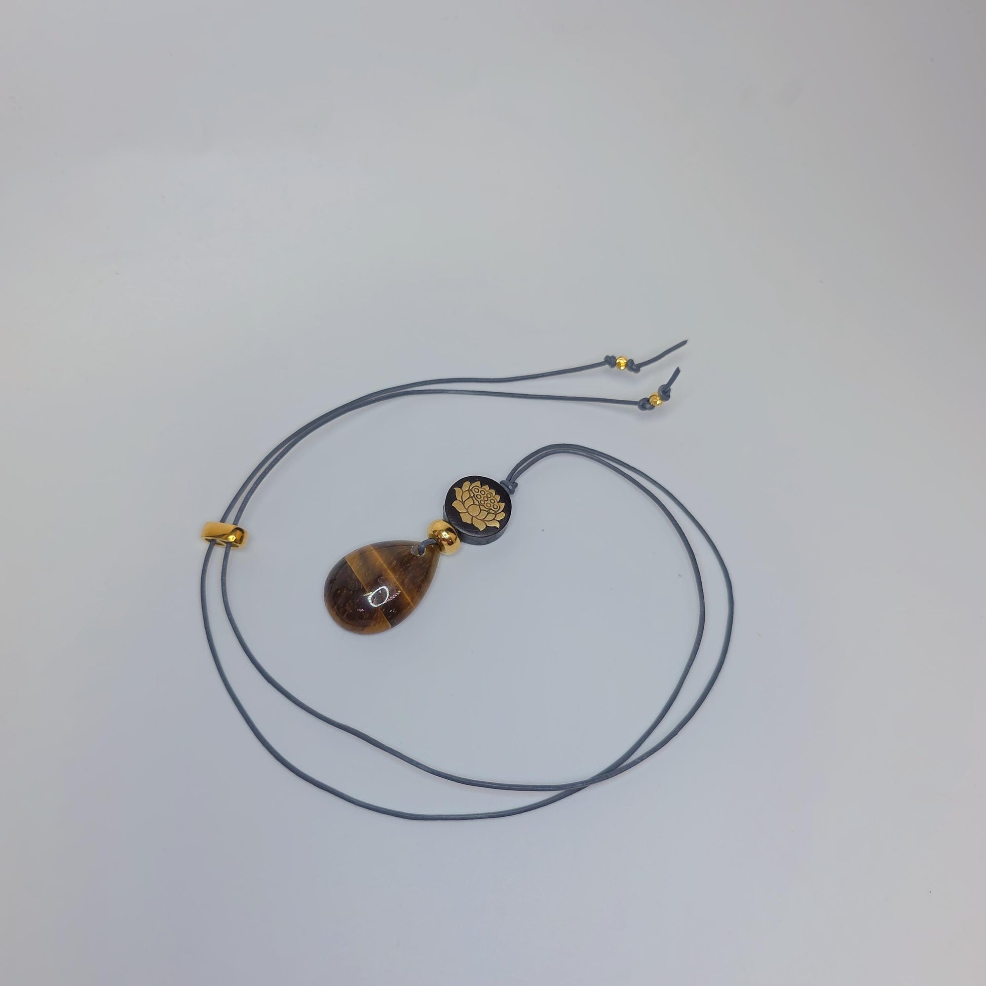 Natural Tigers Eye Necklace, Chunky Geometric 18k Lotus Flower Jewelry, November Birthstone Zen Gift, Adjustable Leather Cord