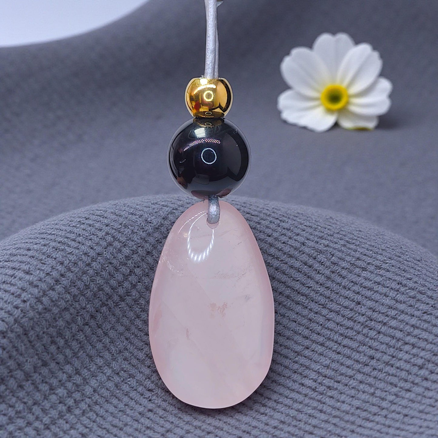 Rose Quartz Obsidian Necklace, Chunky Geometric Pink Crystal Jewelry, January Birthstone Love Gift, Adjustable Leather Cord