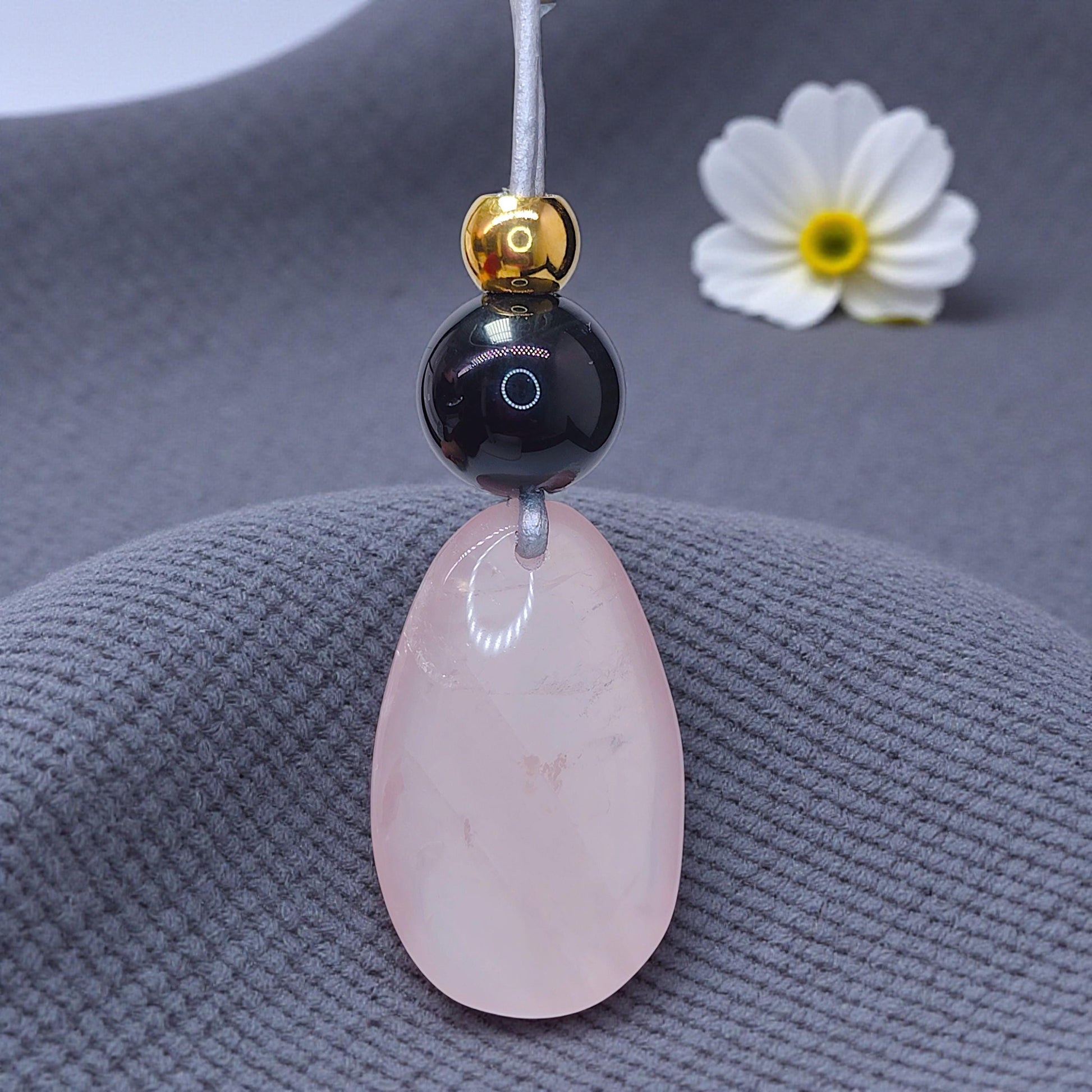 Rose Quartz Obsidian Necklace, Chunky Geometric Pink Crystal Jewelry, January Birthstone Love Gift, Adjustable Leather Cord