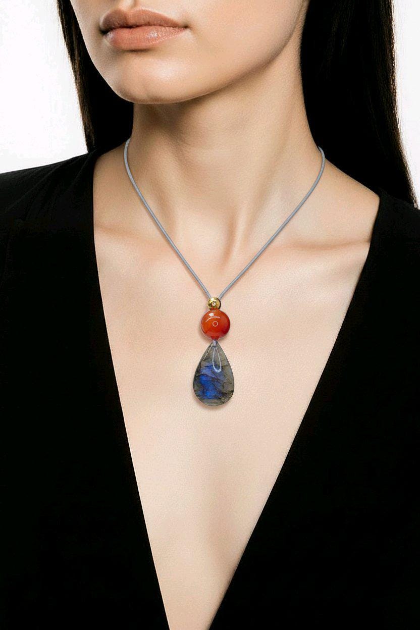 Blue Flash Labradorite Necklace, Chunky Geometric Carnelian Jewelry, July Birthstone Gift for Her, Adjustable Leather Cord