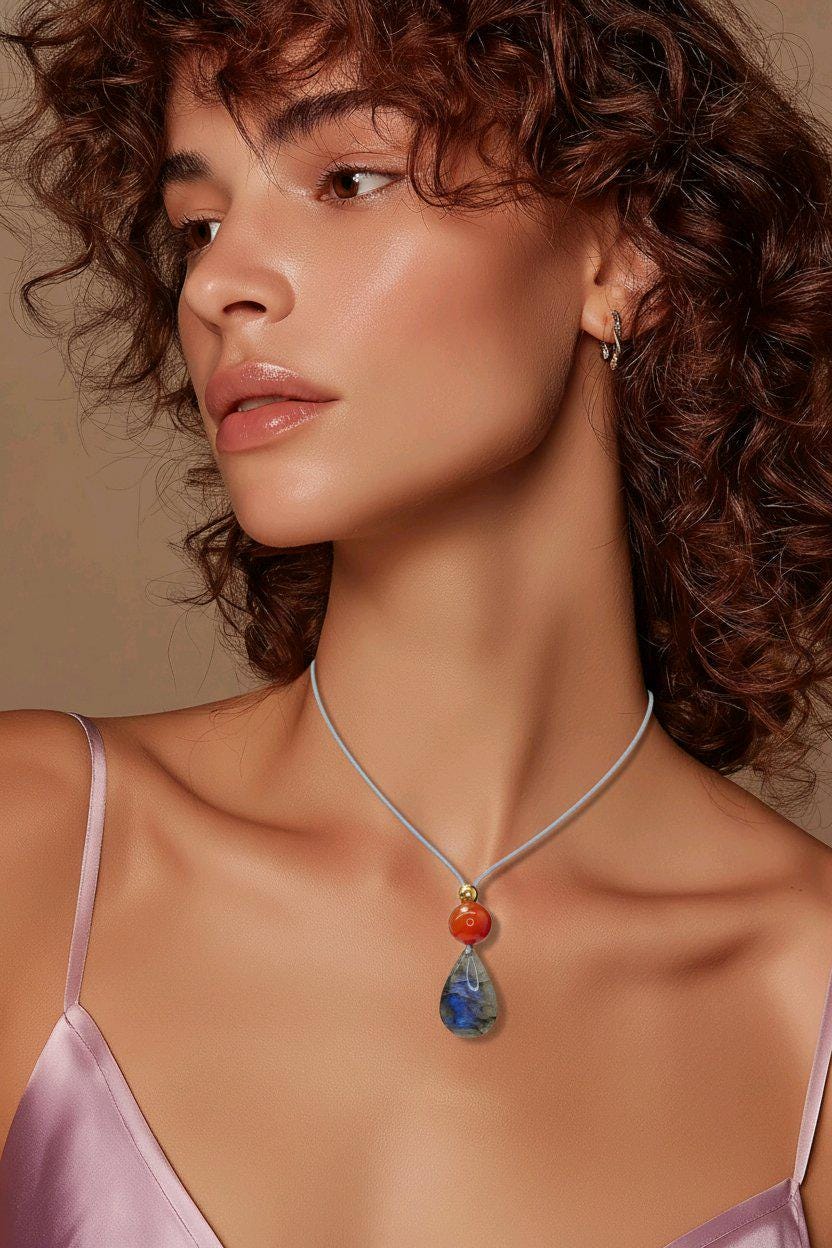 Blue Flash Labradorite Necklace, Chunky Geometric Carnelian Jewelry, July Birthstone Gift for Her, Adjustable Leather Cord