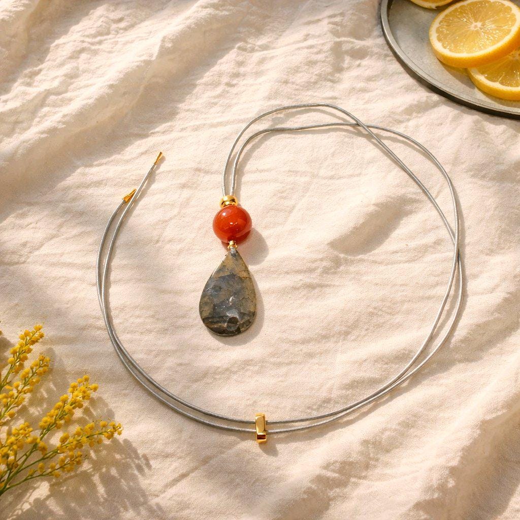 Blue Flash Labradorite Necklace, Chunky Geometric Carnelian Jewelry, July Birthstone Gift for Her, Adjustable Leather Cord