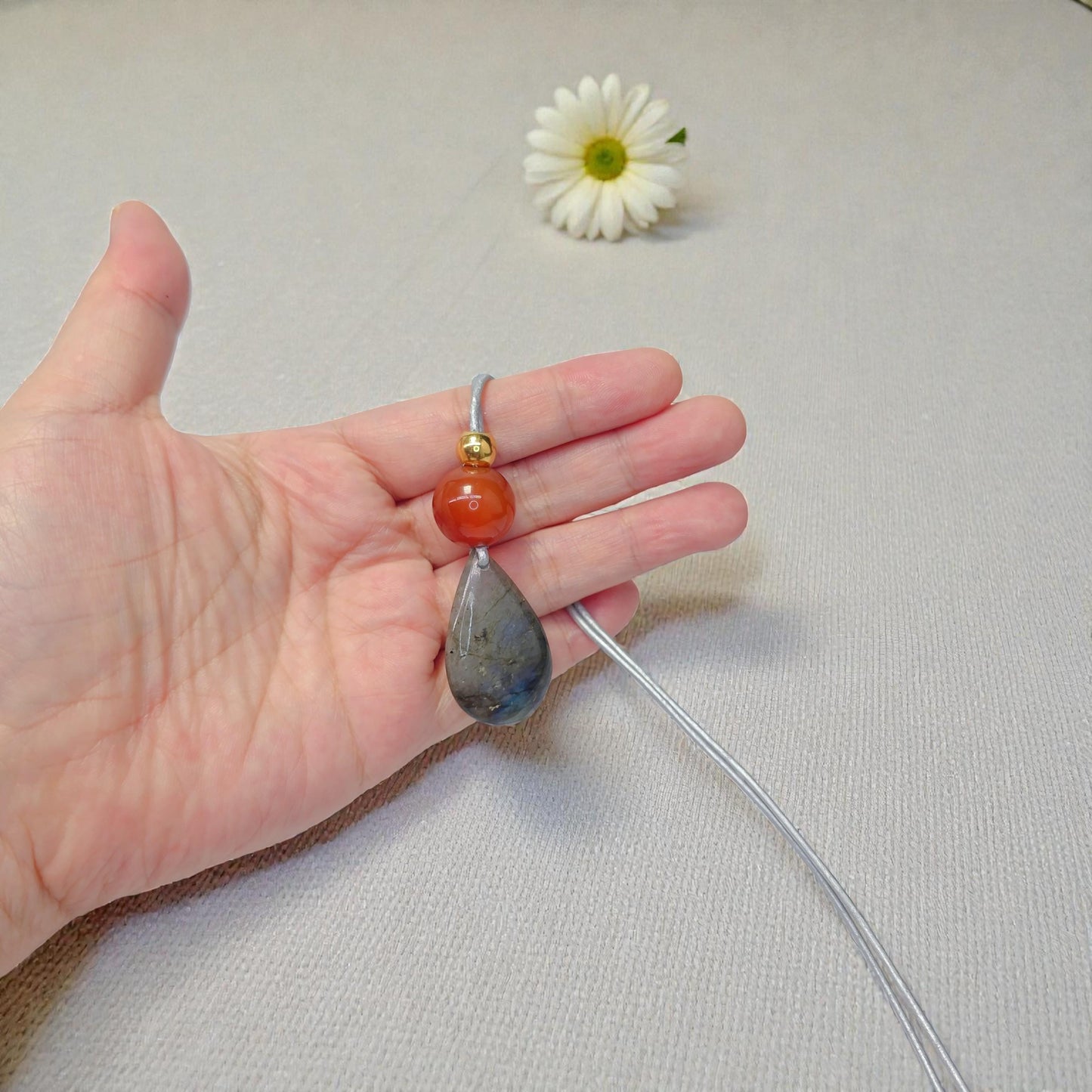 Blue Flash Labradorite Necklace, Chunky Geometric Carnelian Jewelry, July Birthstone Gift for Her, Adjustable Leather Cord