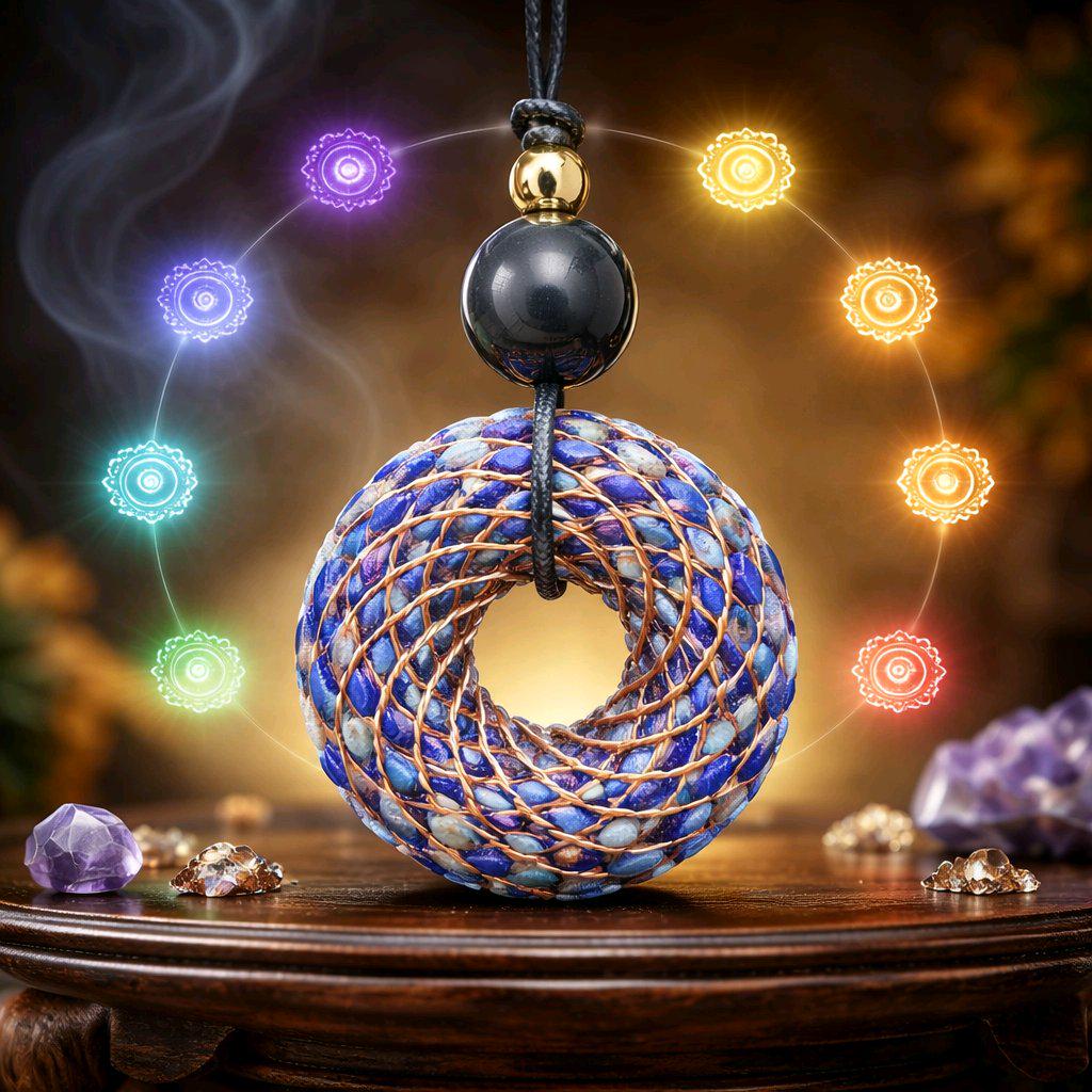 Rodin Coil Orgone Pendant Necklace, Chunky Lapis Lazuli Reiki Jewelry, Meditation Protection Gift, Adjustable Vegan Cord