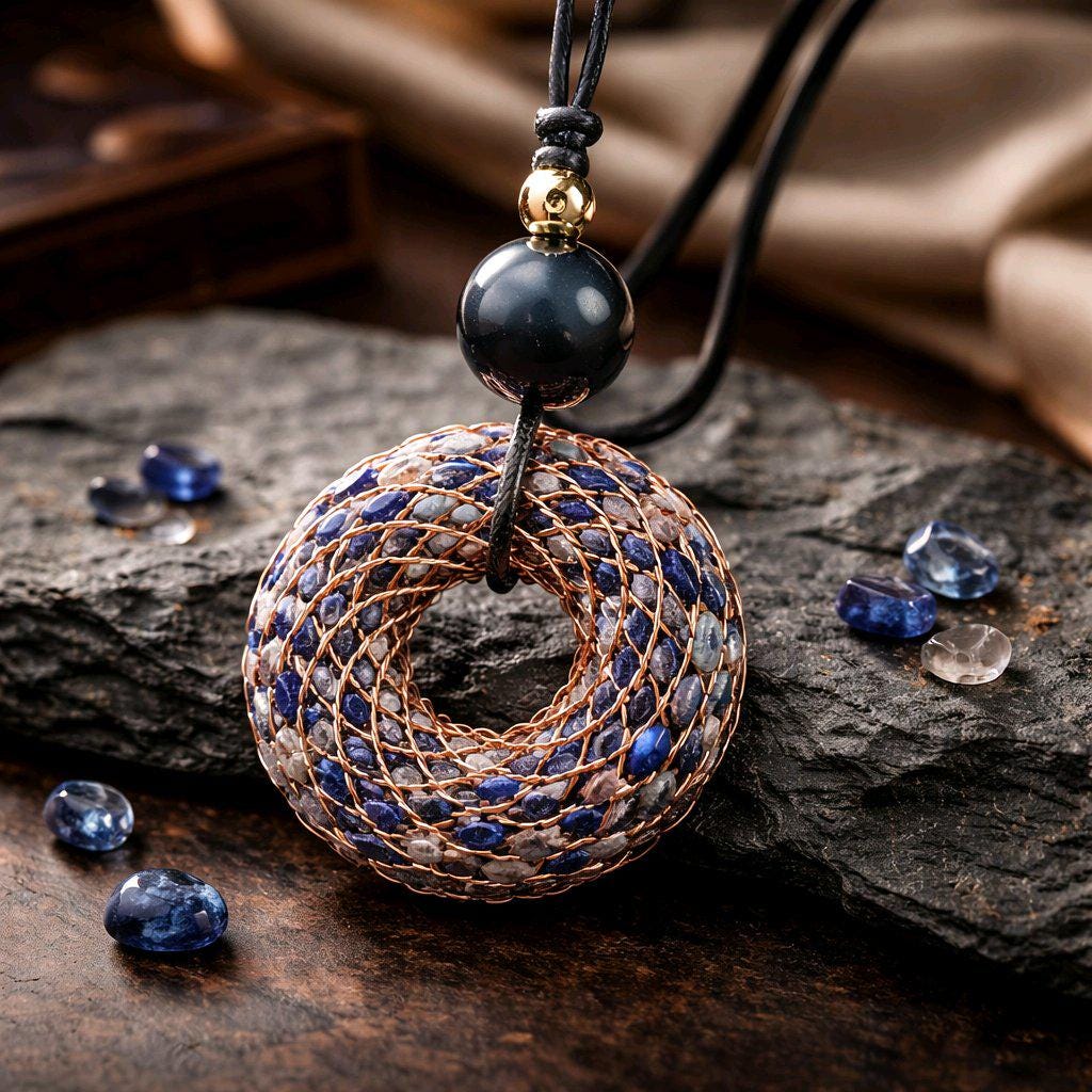 Rodin Coil Orgone Pendant Necklace, Chunky Lapis Lazuli Reiki Jewelry, Meditation Protection Gift, Adjustable Vegan Cord