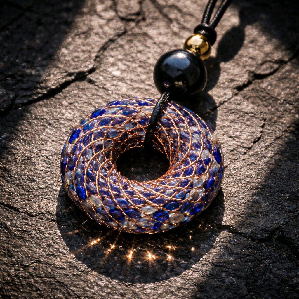 Rodin Coil Orgone Pendant Necklace, Chunky Lapis Lazuli Reiki Jewelry, Meditation Protection Gift, Adjustable Vegan Cord