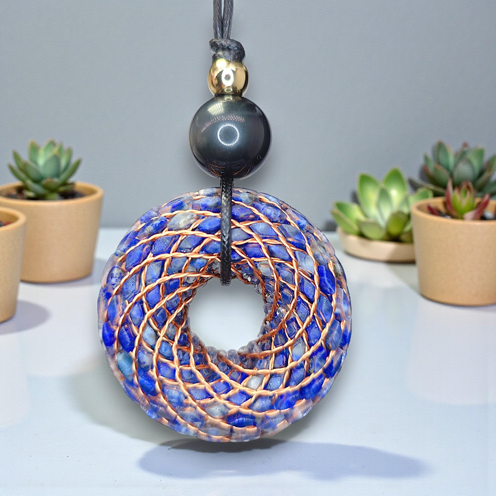 Rodin Coil Orgone Pendant Necklace, Chunky Lapis Lazuli Reiki Jewelry, Meditation Protection Gift, Adjustable Vegan Cord