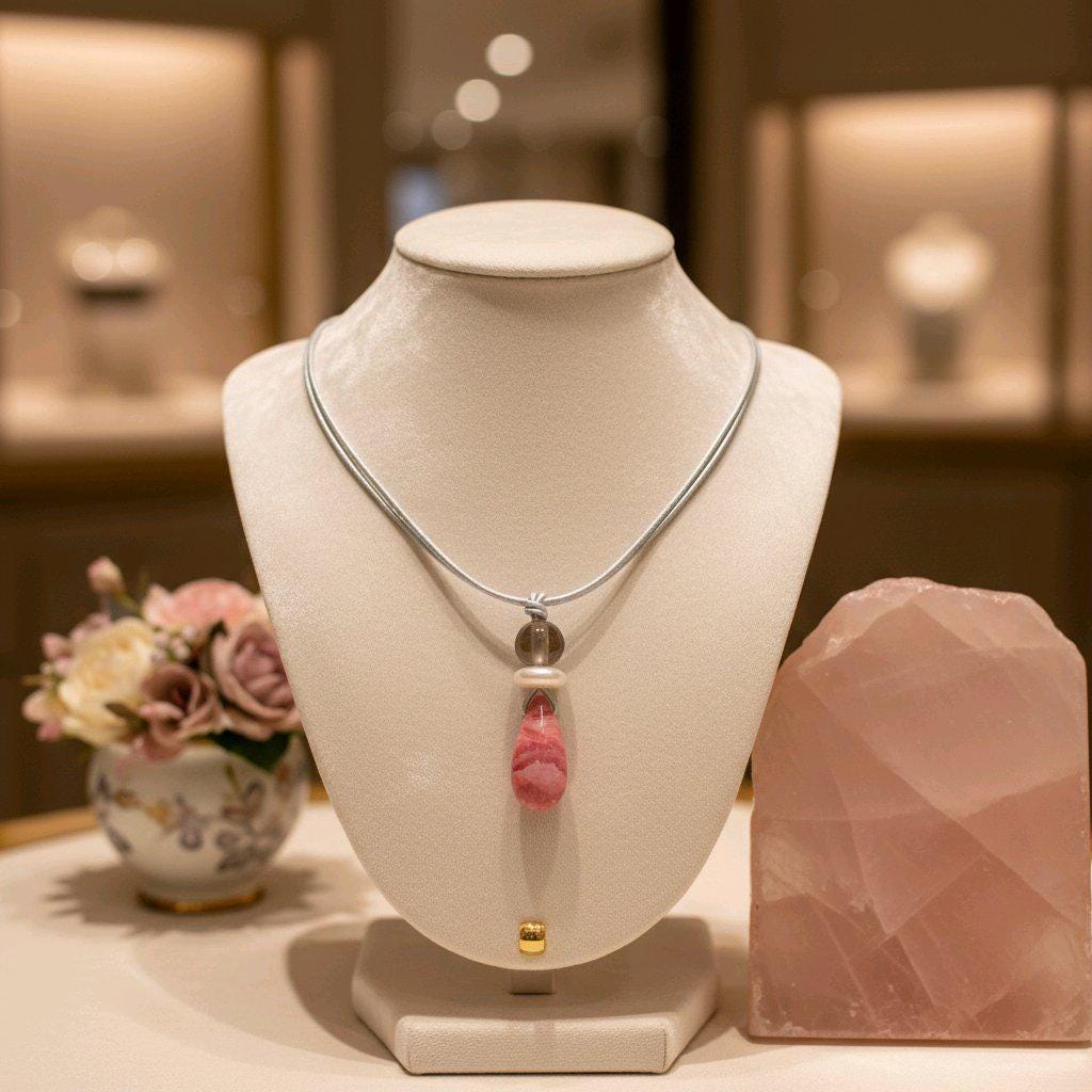 Chunky Rhodochrosite Necklace, Geometric Pink Stone Pendant with Baroque Pearl & Smoky Quartz, Spiritual Jewelry, Adjustable Leather #2576