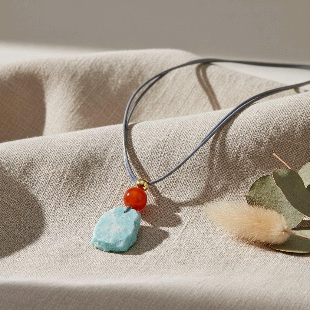 Chunky Amazonite Raw Stone Necklace, Geometric Carnelian Pendant with 18k Gold Copper Accent, Boho Spiritual Jewelry #2575