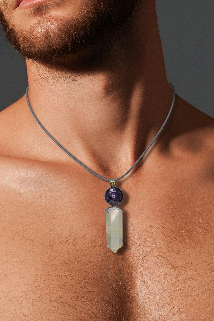 Chunky Citrine Point Necklace, Geometric Amethyst Pendant with 18k Gold Copper Bead, Spiritual Zen Jewelry, Adjustable Leather Cord #2574