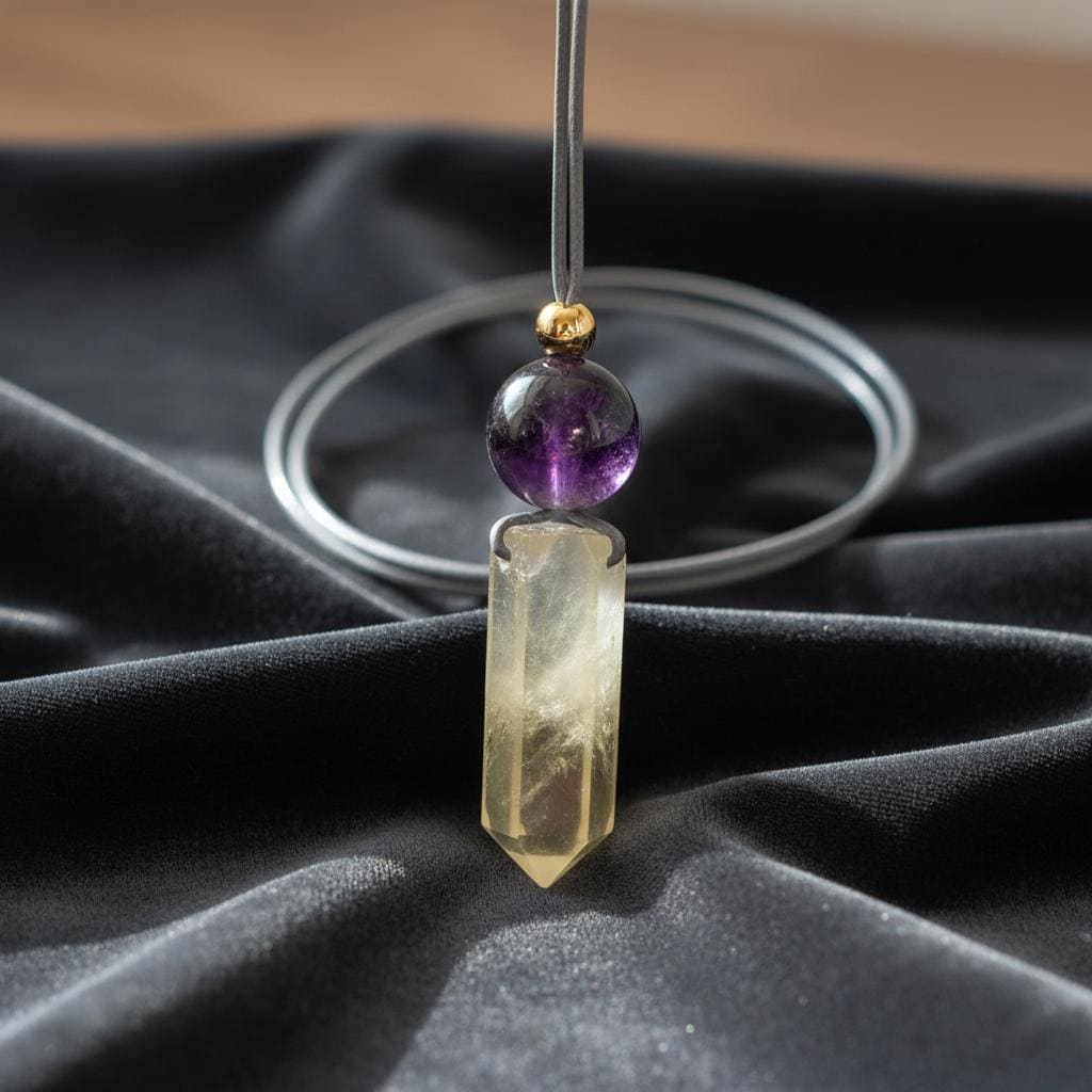 Chunky Citrine Point Necklace, Geometric Amethyst Pendant with 18k Gold Copper Bead, Spiritual Zen Jewelry, Adjustable Leather Cord #2574