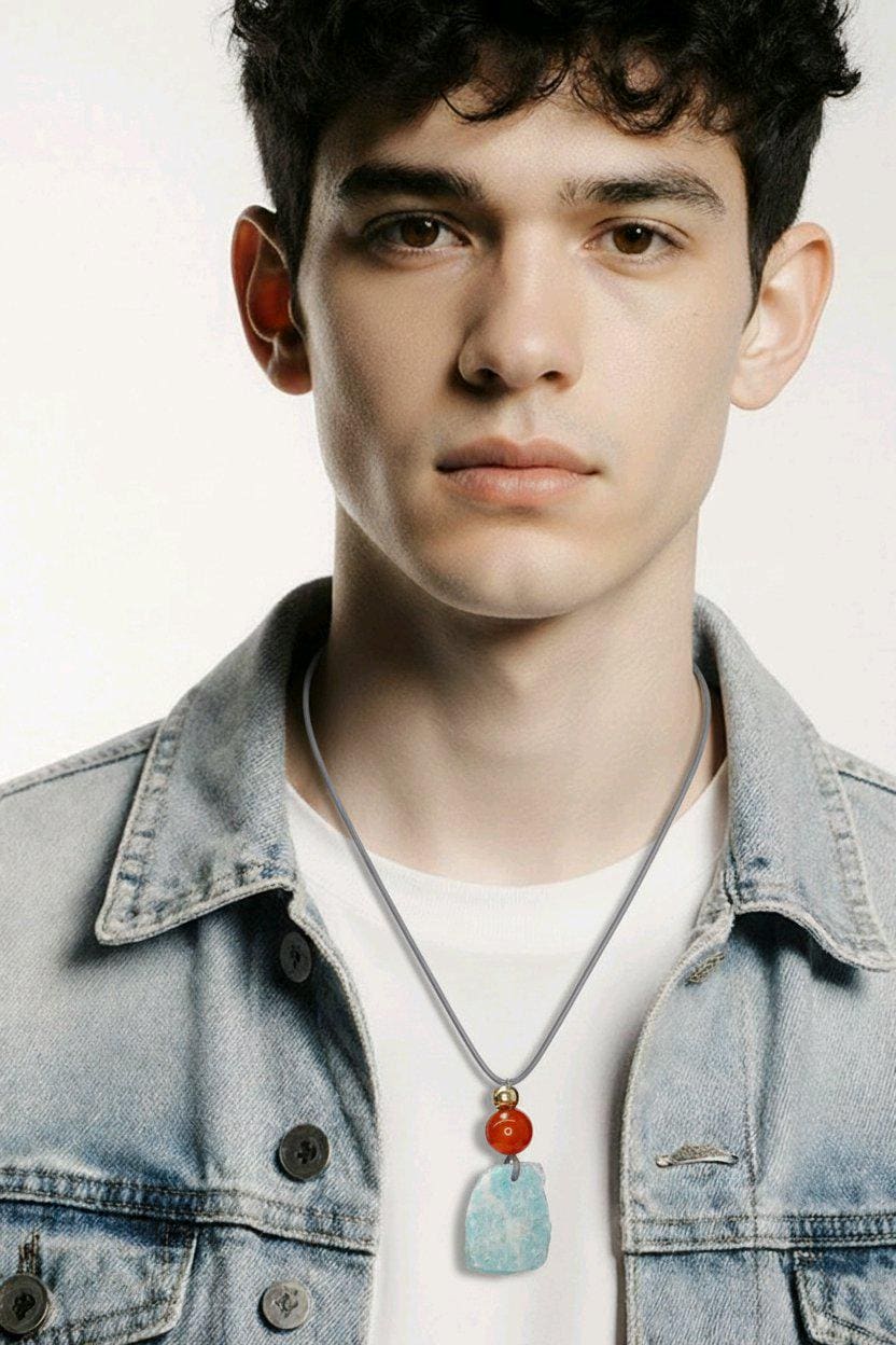 Chunky Amazonite Raw Stone Necklace, Geometric Carnelian Pendant with 18k Gold Copper Accent, Boho Spiritual Jewelry #2575