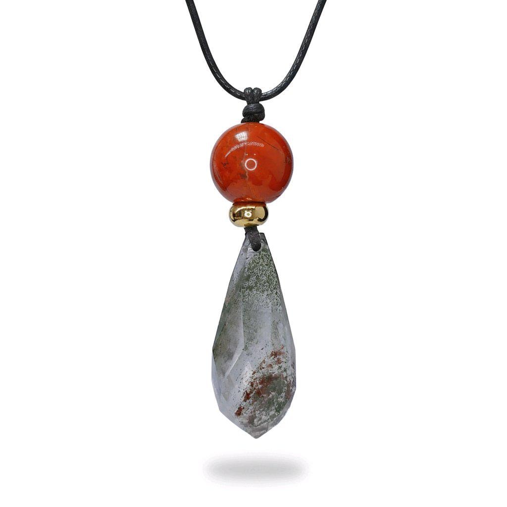 Chunky Garden Quartz Necklace, Geometric Faceted Phantom Crystal Pendant with Red Jasper, Zen Spiritual Jewelry, Adjustable Leather #2573